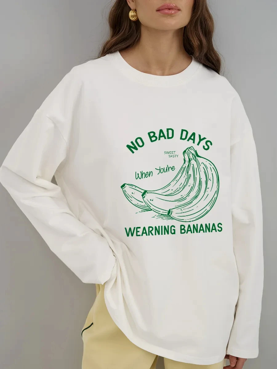 230g/ ㎡ Spring Autumn New Long Sleeve100% Cotton Women's Banana Print Basic T-Shirt Female Loose Fit Soft Daily Chic Top