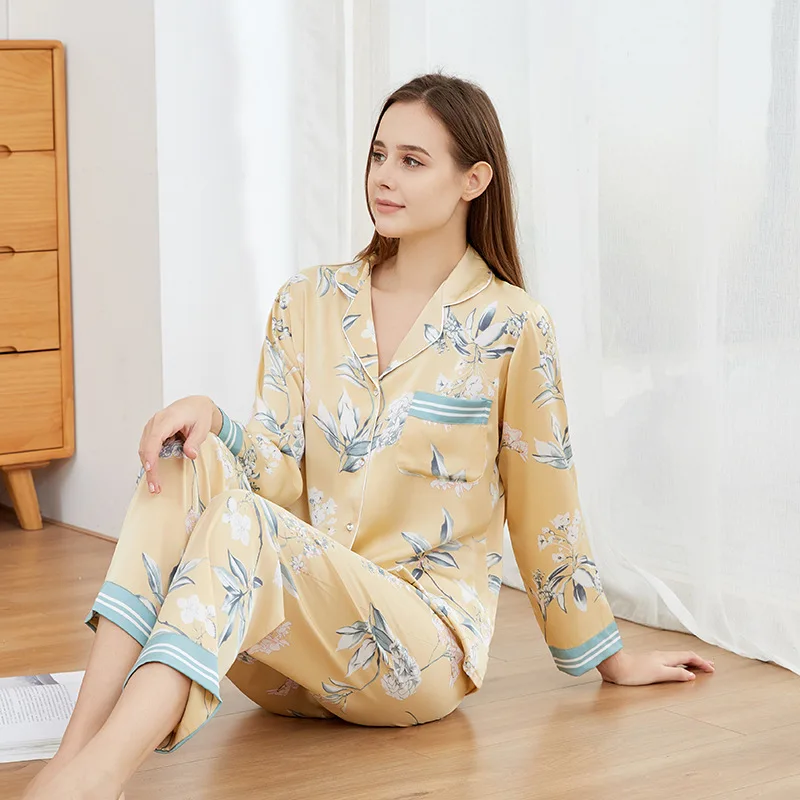

Women Lapel Pajamas Suit Print Nightwear 2PCS Homewear Set Sexy Home Clothes Long Sleeve Sleepwear With Trousers Satin Lingerie
