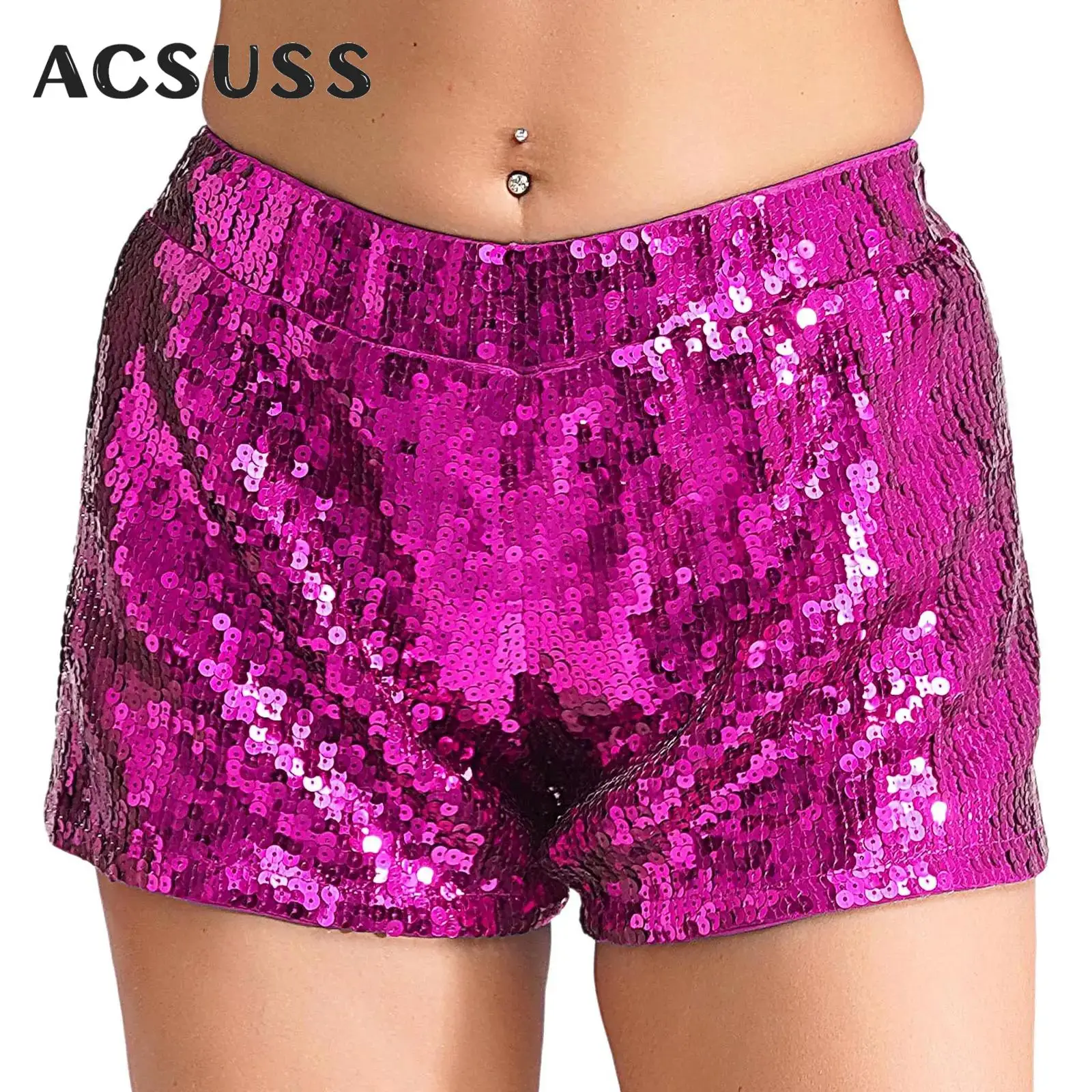 

Women Shiny Sequins Hot Pants Elastic Waistband Shorts Bottoms Clubwear Carnival Cheerleading Nightclub Rave Pole Dance Costume