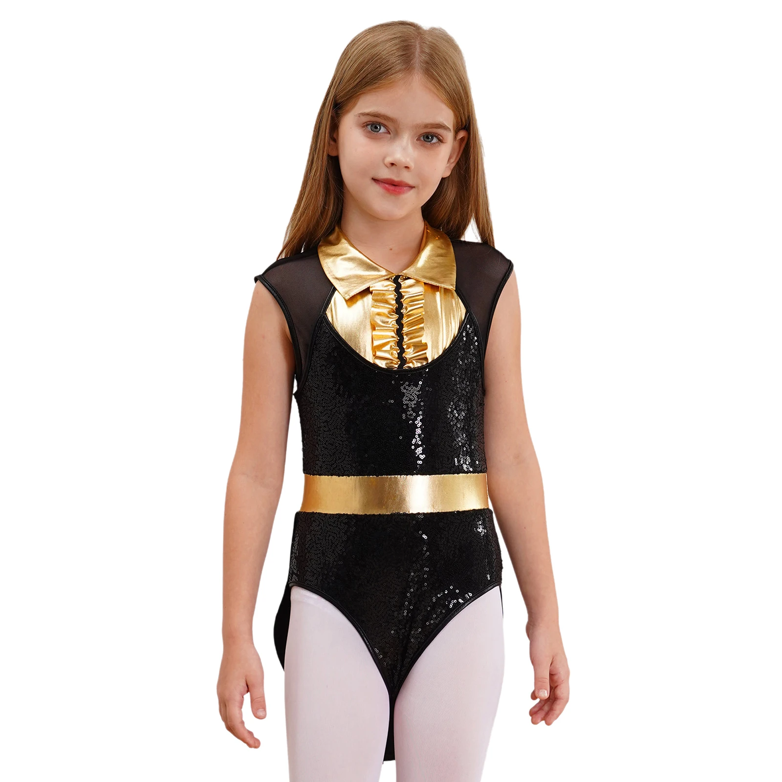 Kids Girls Sequins Tuxedo Bodysuit Circus Ringmaster Magician Cosplay Costume Sleeveless Showman Costume Modern Dance Leotard