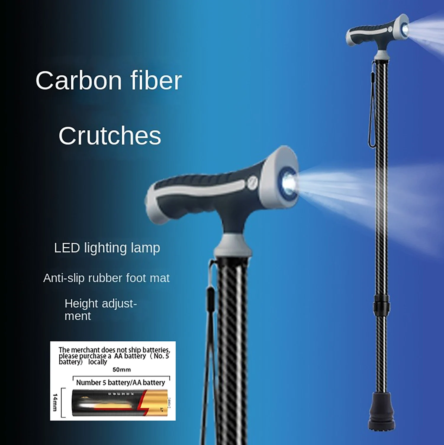 

Carbon Fiber crutches for Walking Stick with Light Elderly Hiking Cane Night Lighting Stretchable cane with lamp for Walking Saf