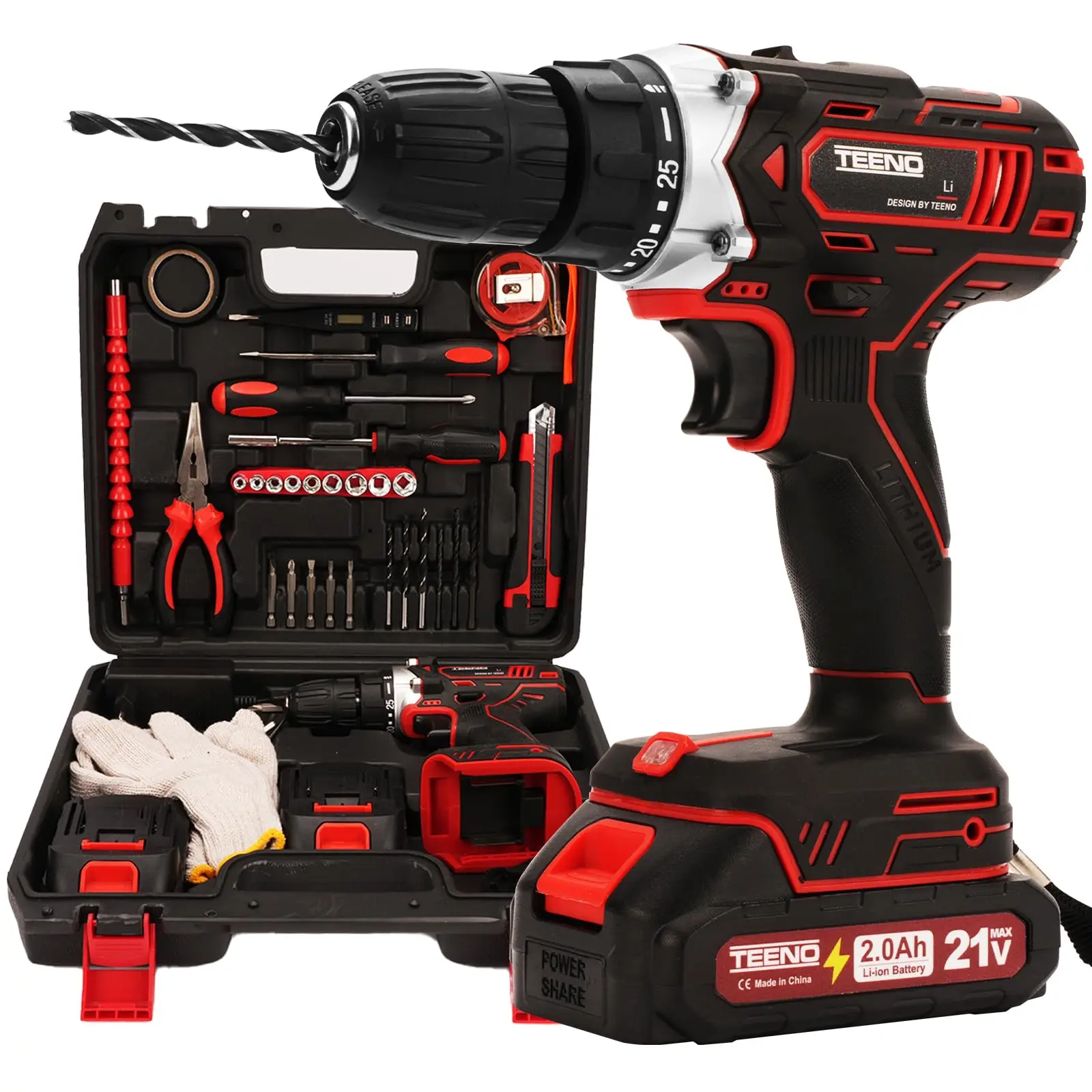 Destornillador inalámbrico TEENO de 21 V, destornillador inalámbrico de 45 Nm, compatible con baterías Makita de 2 x 2,0 Ah, 25+1 ajustes