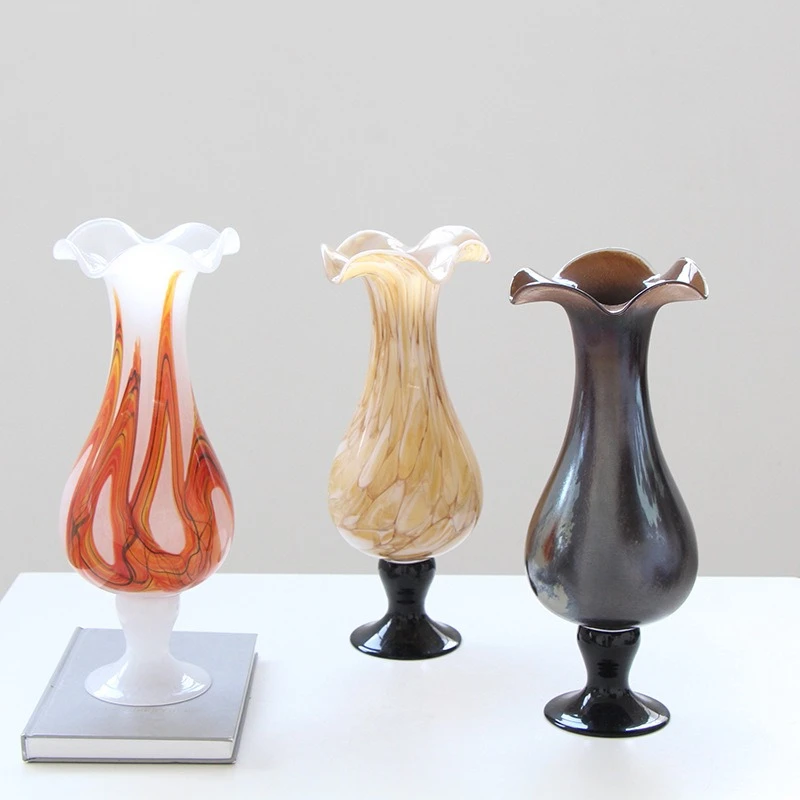 High-legged Glass Vase Retro Tulip Lace Flower Pot Terrarium Hydroponic Flower Arrangement Home Decoration Accessories