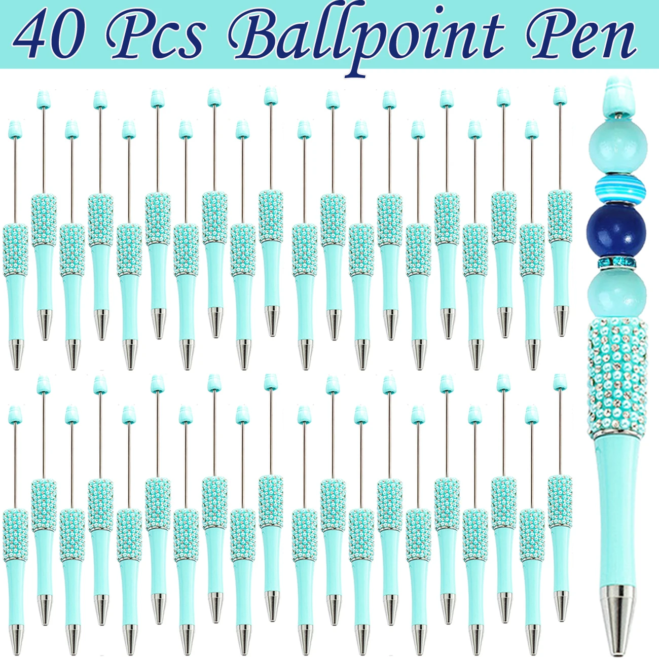 

40Pcs Candy blue Diamond Bead Ballpoint Pen Handmade Sticking Beaded Pens Creative Colorful Rhinestone Pens School Supplies