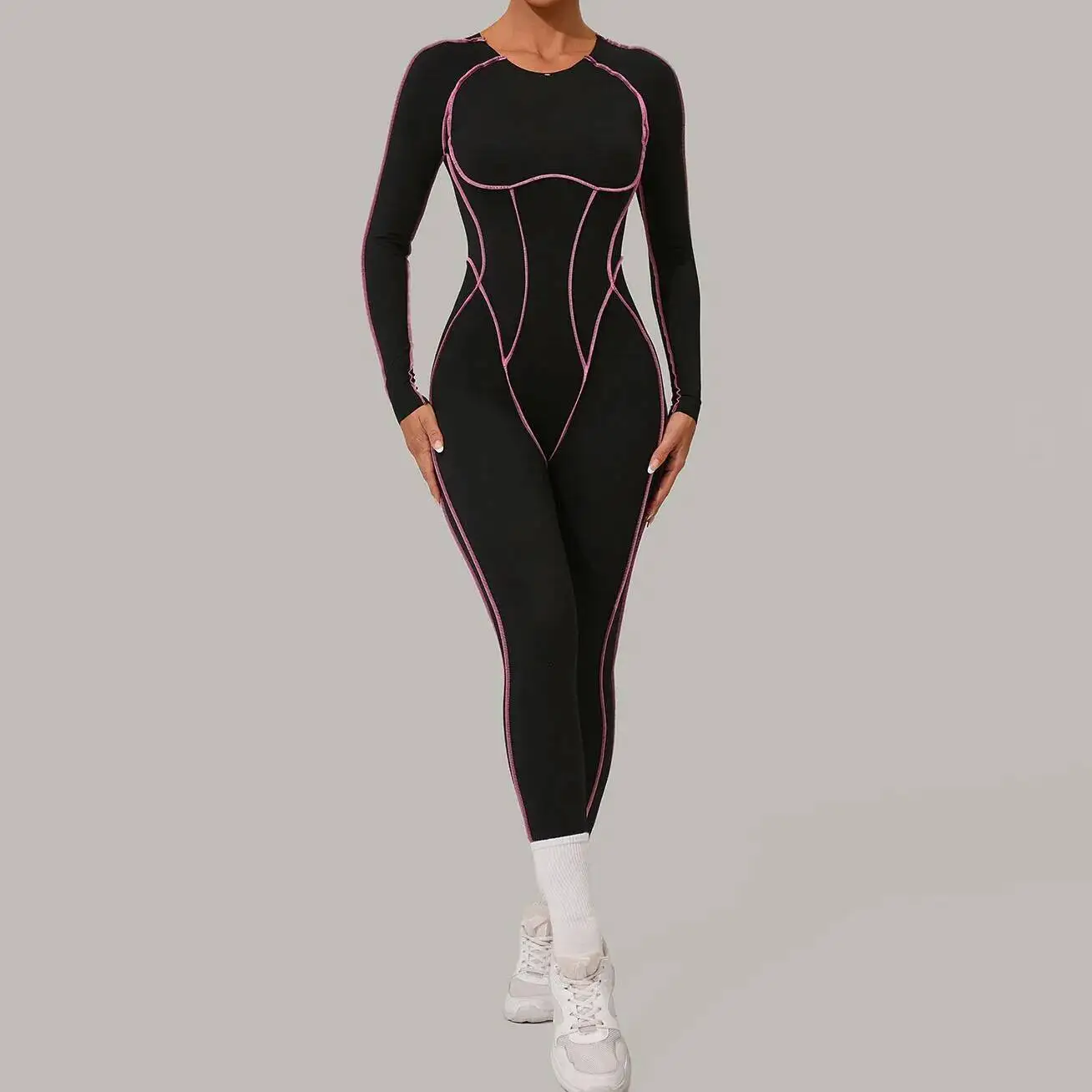 

Women S High Intensity Jumpsuit Geometric Panel Yoga Outfit Long Sleeve Gym Bodysuit Workout Sportswear