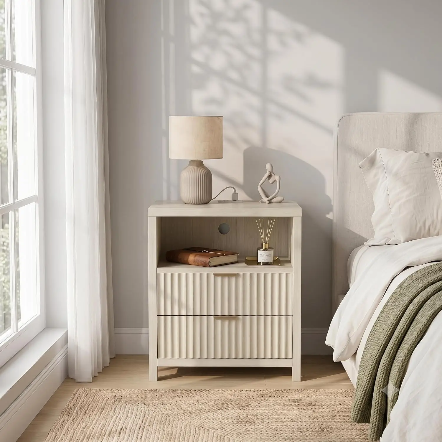 24 Inch Nightstands Set of 2 with Charging Station Fluted Interior Furniture Design 2 Drawers Open Shelf Light Natural Custom