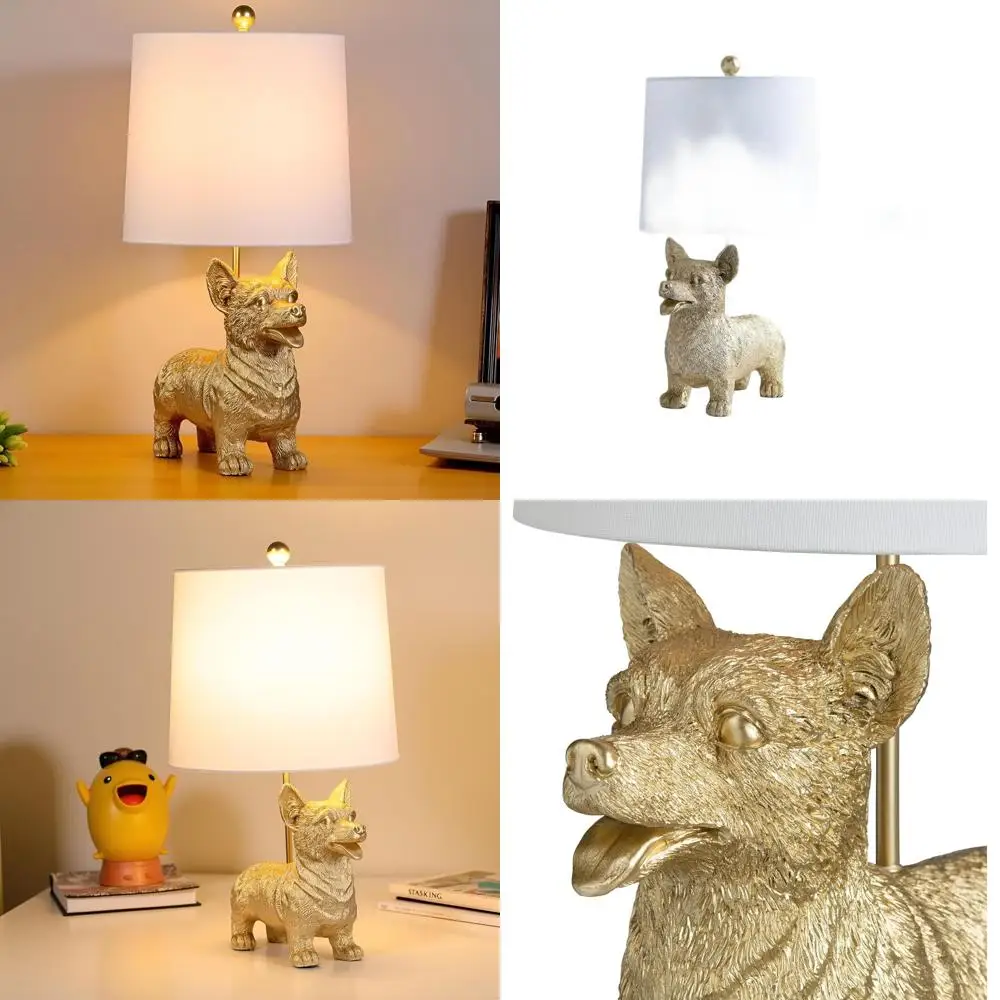 

Настольная лампа из смолы в виде золотистого корги с белым льняным абажуром для стола или прикроватной тумбочки, уникальный эстетичный декор для дома
