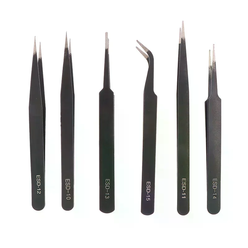 6 Pcs Precision Tweezers Set Anti-Static ESD Tweezer Stainless Steel Repair Tools For Electronics Soldering Model Jewelry Makin