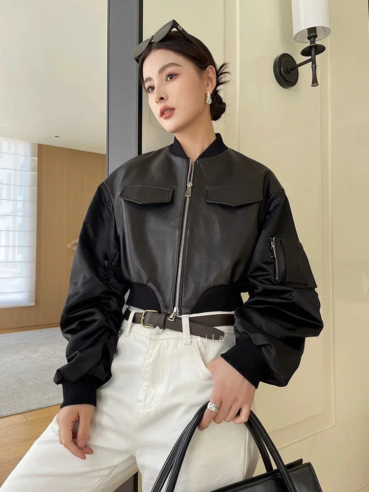 Cropped Patchwork Sheepskin Coat for Women Spring Autumn 2024 Trend Long Sleeve High Waist Bomber Genuine Leather Jacket