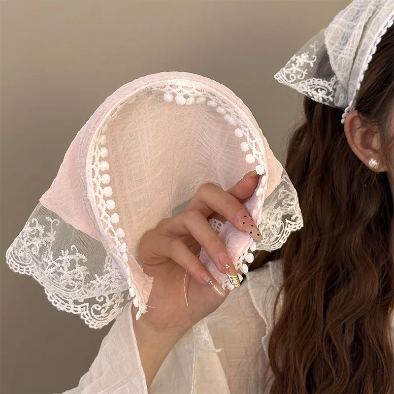 

Summer Elegant Lace Trimmed Hair Scarf Mesh Triangle Headscarf Bohemian French Headwrap for Festival Party Women Hair Accessory