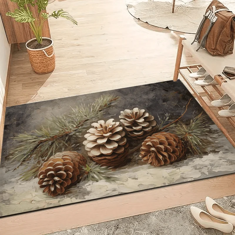 1pc Pinecone & Pine Needles Oil‑Painting Welcome Doormat, Soft Absorbent Non‑Slip Washable Quick‑Dry Floor Mat for Entryway