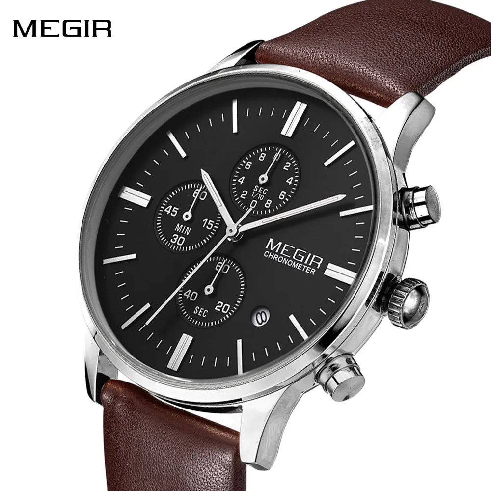 

MEGIR модные мужские часы с кожаным ремешком, спортивные военные часы с хронографом, водостойкие кварцевые наручные часы Reloj Hombre 2011