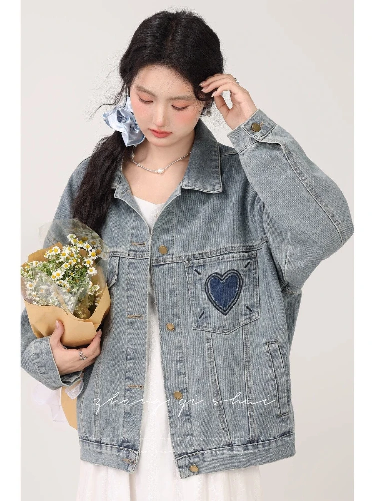 

Women's Blue Denim Jacket - Vintage Sweetheart Hearted Embroidery | Oversized Spring/Autumn Casual Essential Coat Outerwear