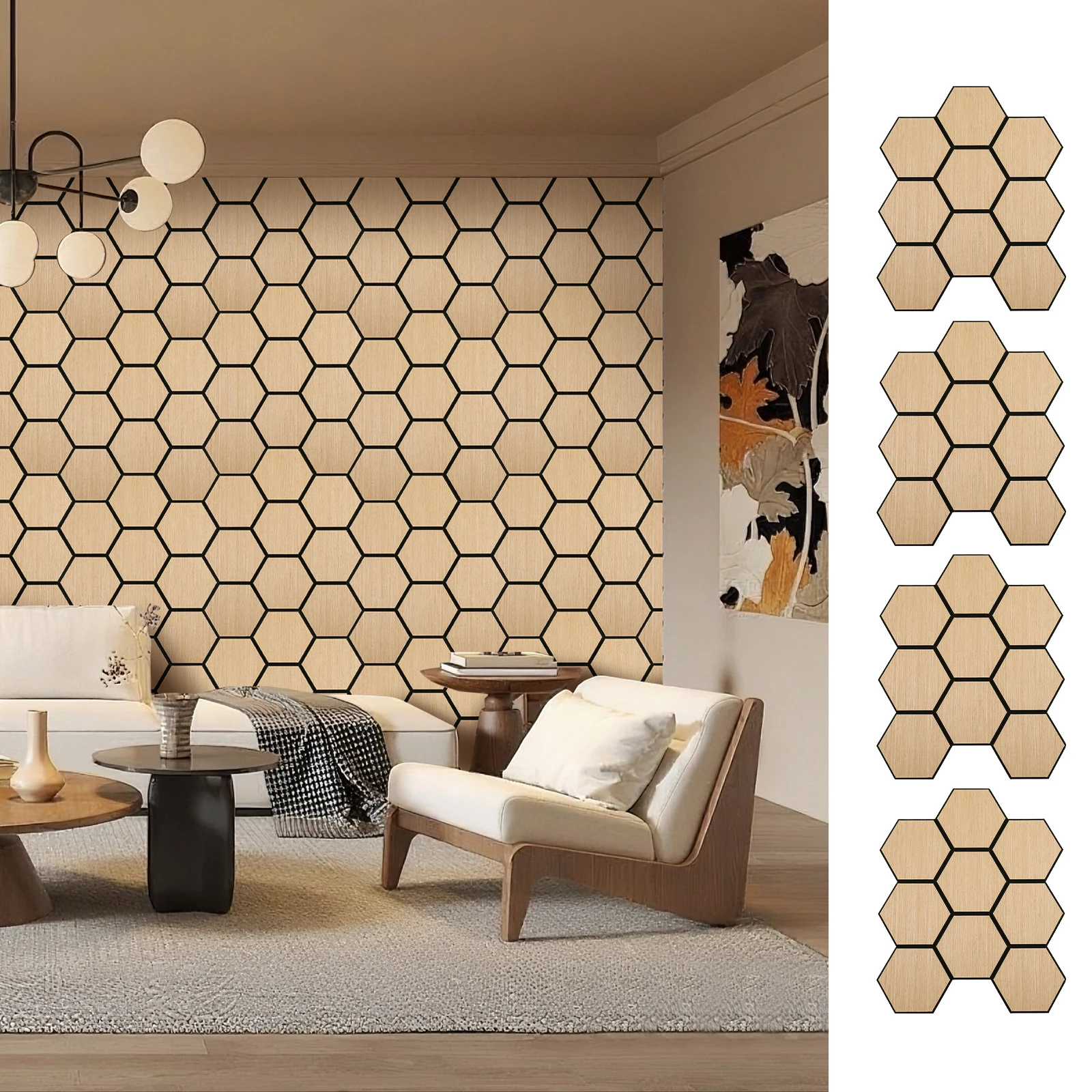 Sechseckige Akustik-Wandpaneele aus Holz, 4 Stück – schalldichte Wandpaneele zum Abziehen und Aufkleben für Zuhause und Büro zur Geräuschreduzierung