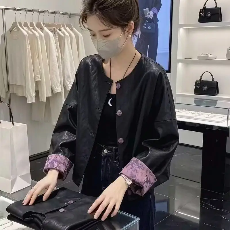 Women's Heavy Embroidery round Neck Splicing Slim Fit Leather Jacket New Style Autumn Collection Fashionable Versatile Short ...