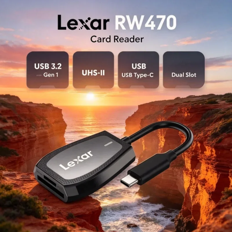 Lexar RW470 2-in-1 Card Reader Dual Slot Type-C USB 3.2 Gen 1 SD microSD UHS-II for Camera Memory Card Data Transfer