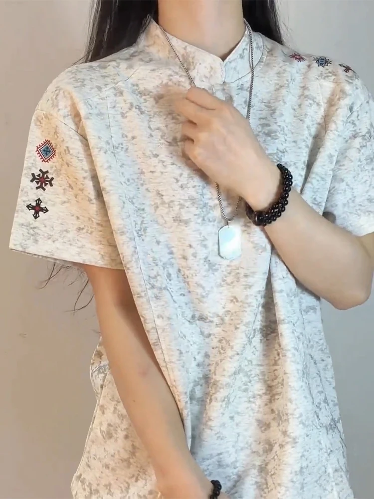 

White Grey Tie Dye Embroidered Henry Collar Short Sleeve Shirt Men's Summer Heavy Shoulder T Shirt Handsome Half Sleeve