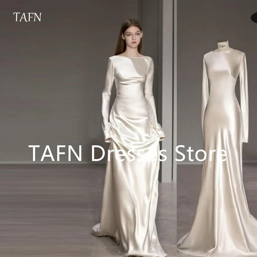 

TAFN Simple Silk A Line Wedding Dresses Backless Sexy Long Sleeves Floor Length Bride Gowns Formal Evening Party Customized