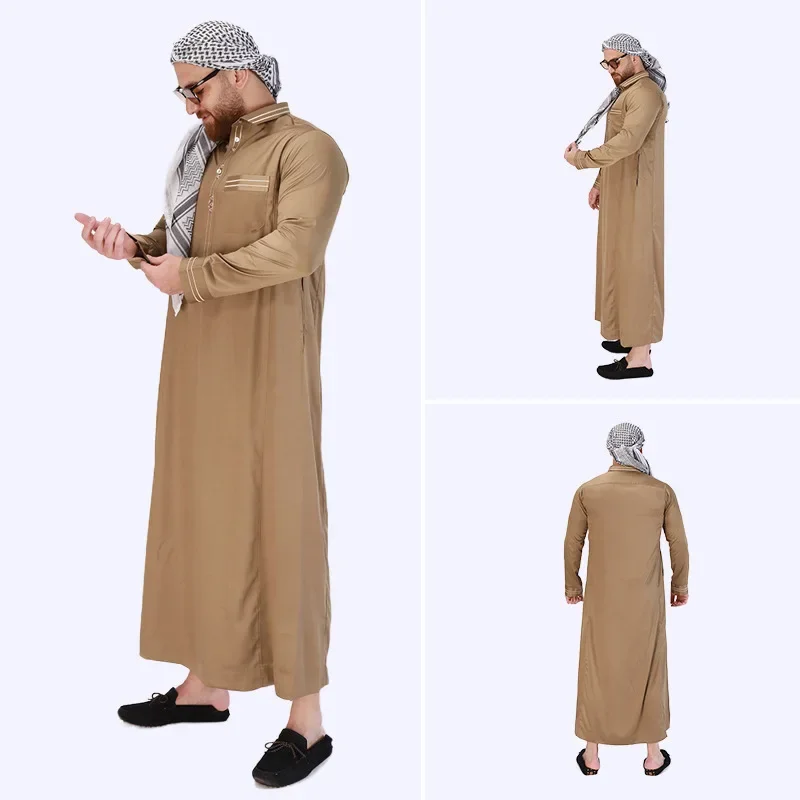 LIBIELIY New European And American Muslim Men's Robe Abaya Stand Collar Solid Color Middle East Arab Long National Style Men's W