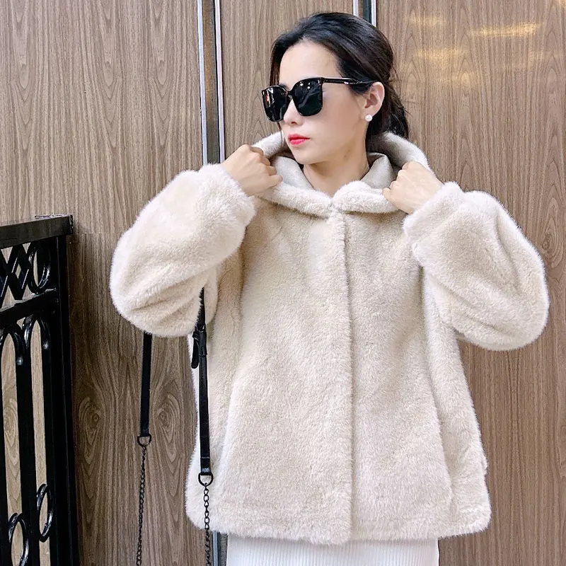 

2024 Winter New Faux Mink Long Sleeve Women Fur Coat Hooded Zipper Classic Generous Golden Ratio Warm Practical Fur Jacket