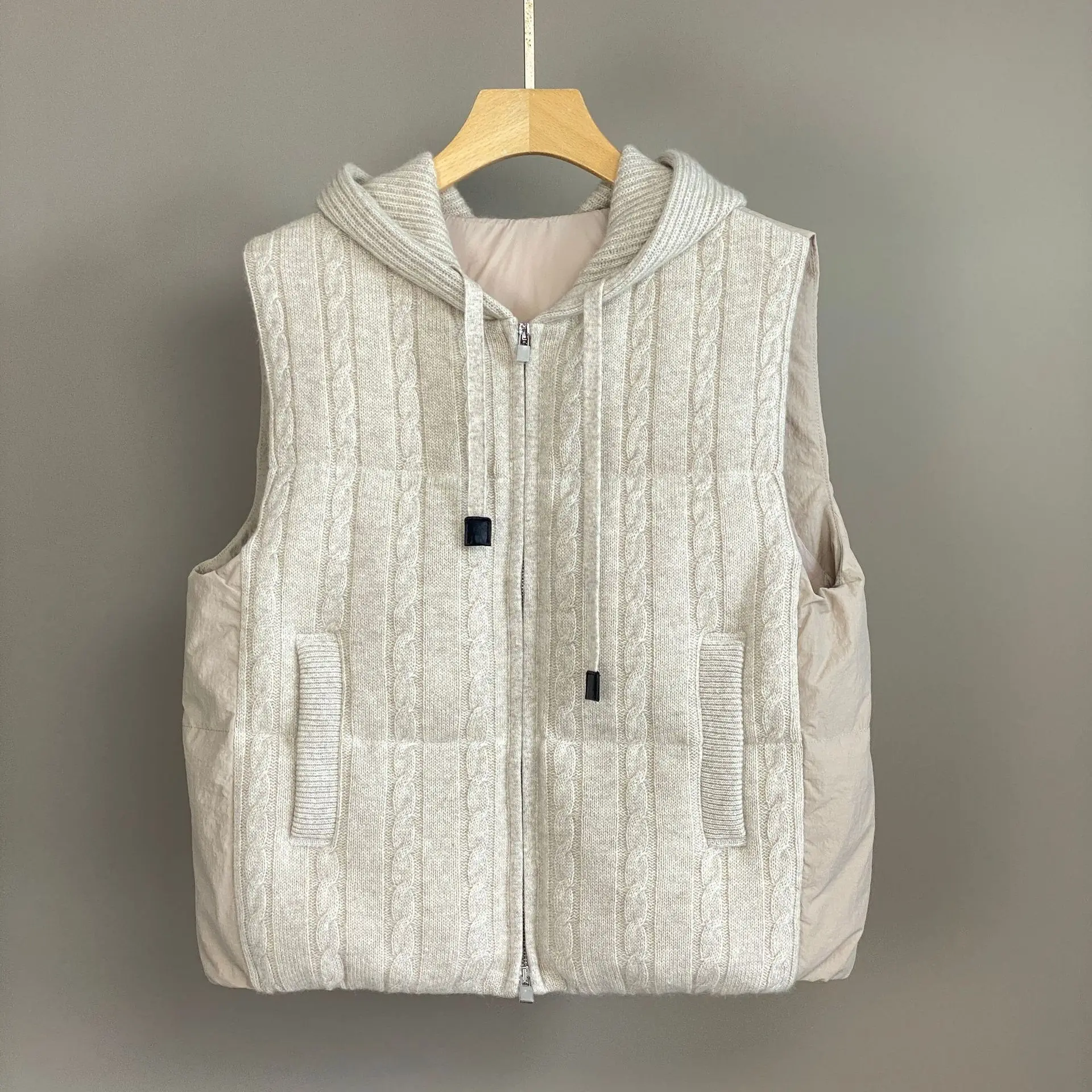 2025 outono e inverno novo colete de malha de linho de caxemira com capuz elegante e versátil casual colete de penas de ganso