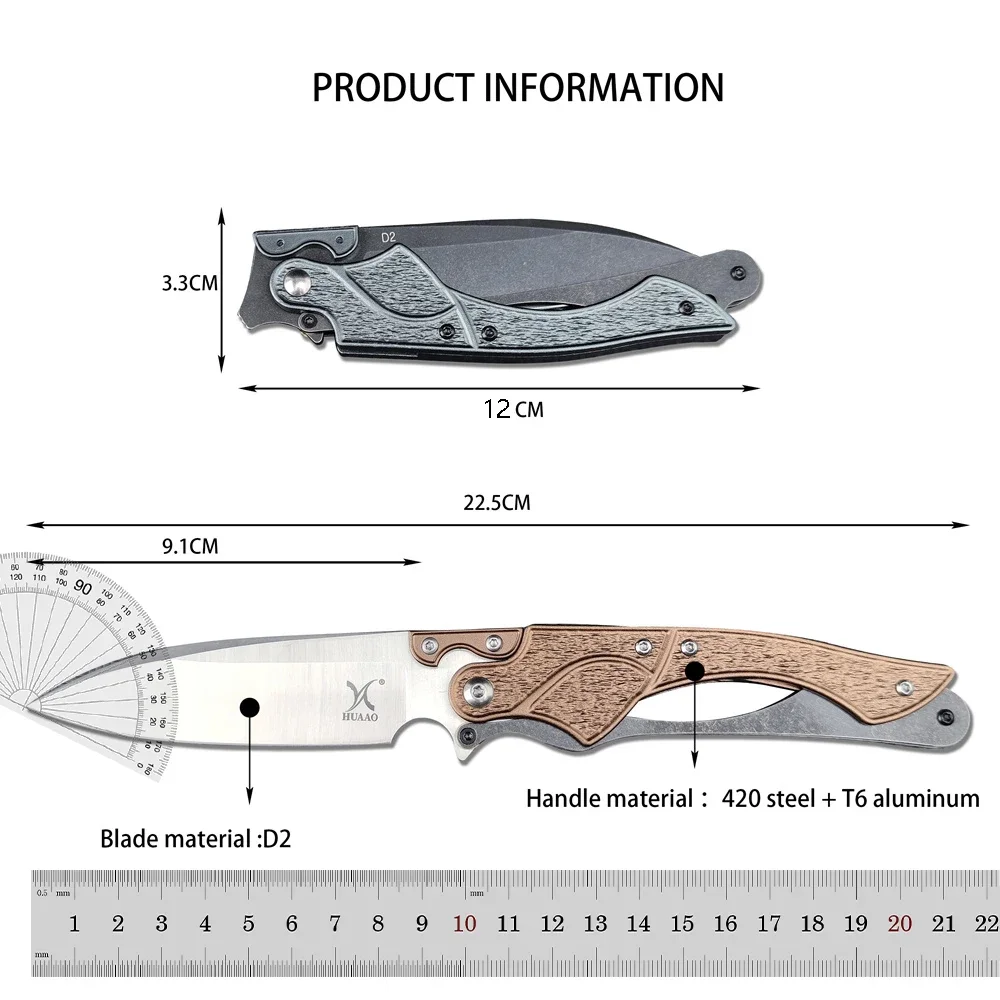 HUAAO Folding Knife High Quality D2 Blade Fine 420 Steel & T6 Aluminum Handle EDC Knife Outdoor Hunting Tactical Survival Tool