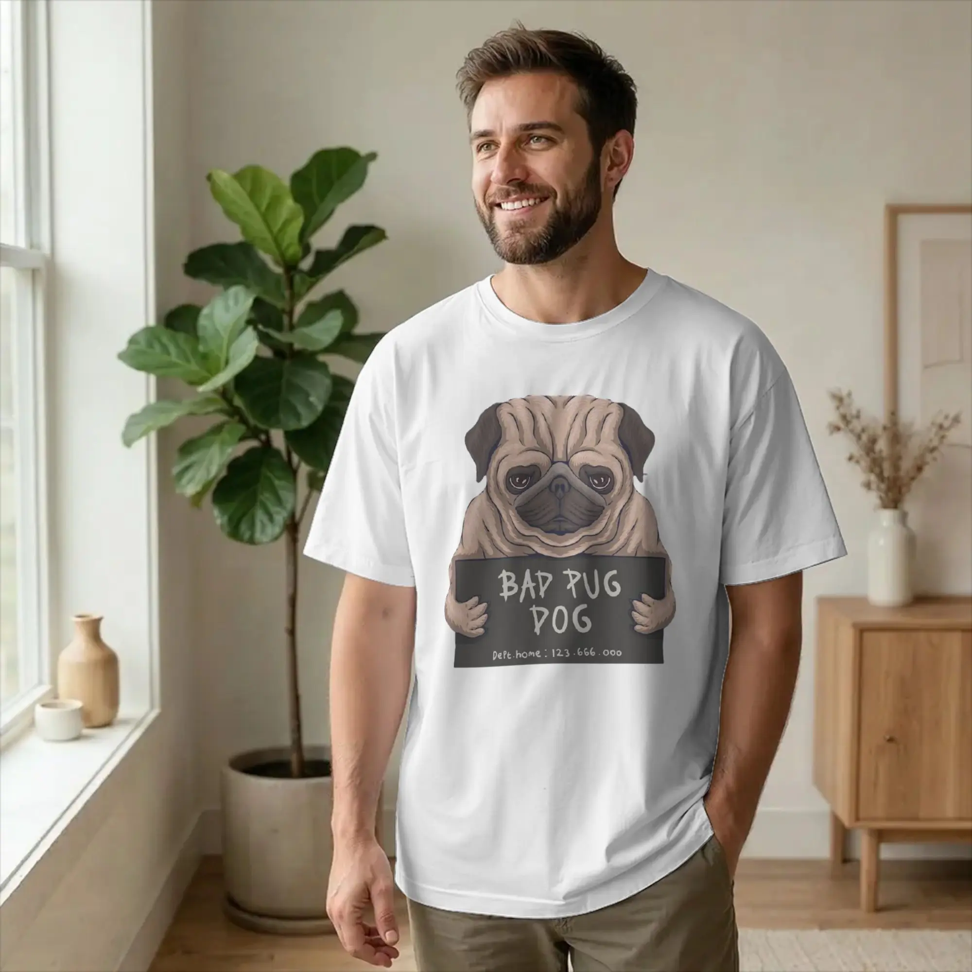 Bad Dog Cute Pug Portrait Men T Shirt Funny Mugshot Awesome Tee Shirt Short Sleeve Round Collar T-Shirts Cotton Plus Size merch