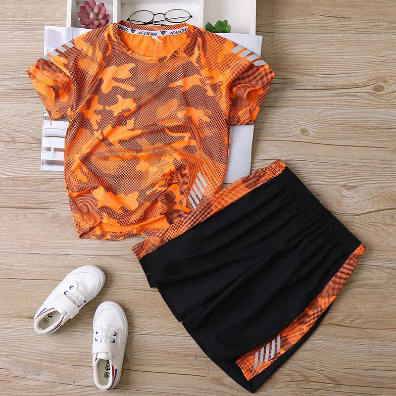 Outdoor Quick-Dry Camouflage Kids Summer Top T-Shirt + Shorts Moisture Wicking Baby Boys 2-Pieces Workout Sets 3-14 Years