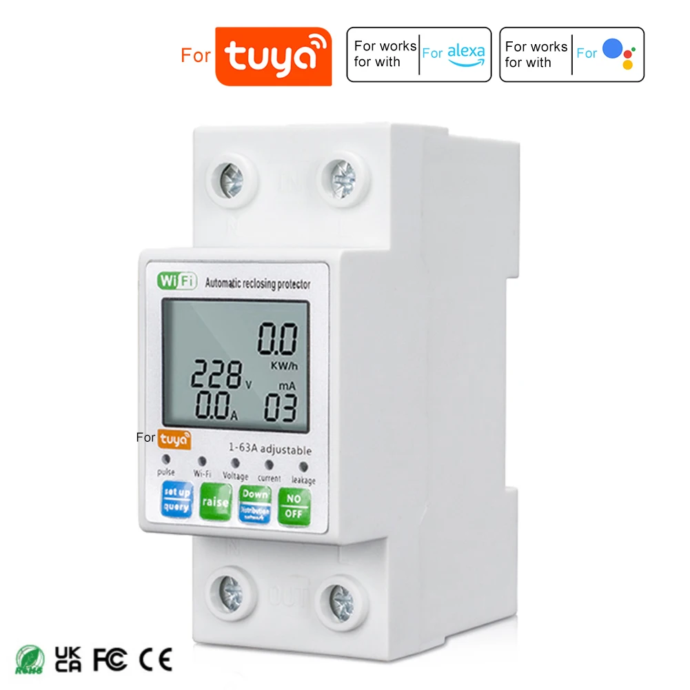 For Tuya WiFi For Smart Circuit Breaker AC80-300V LCD Display Overvoltage Leakage Protection Auto For Reset DIN Rail For Home In