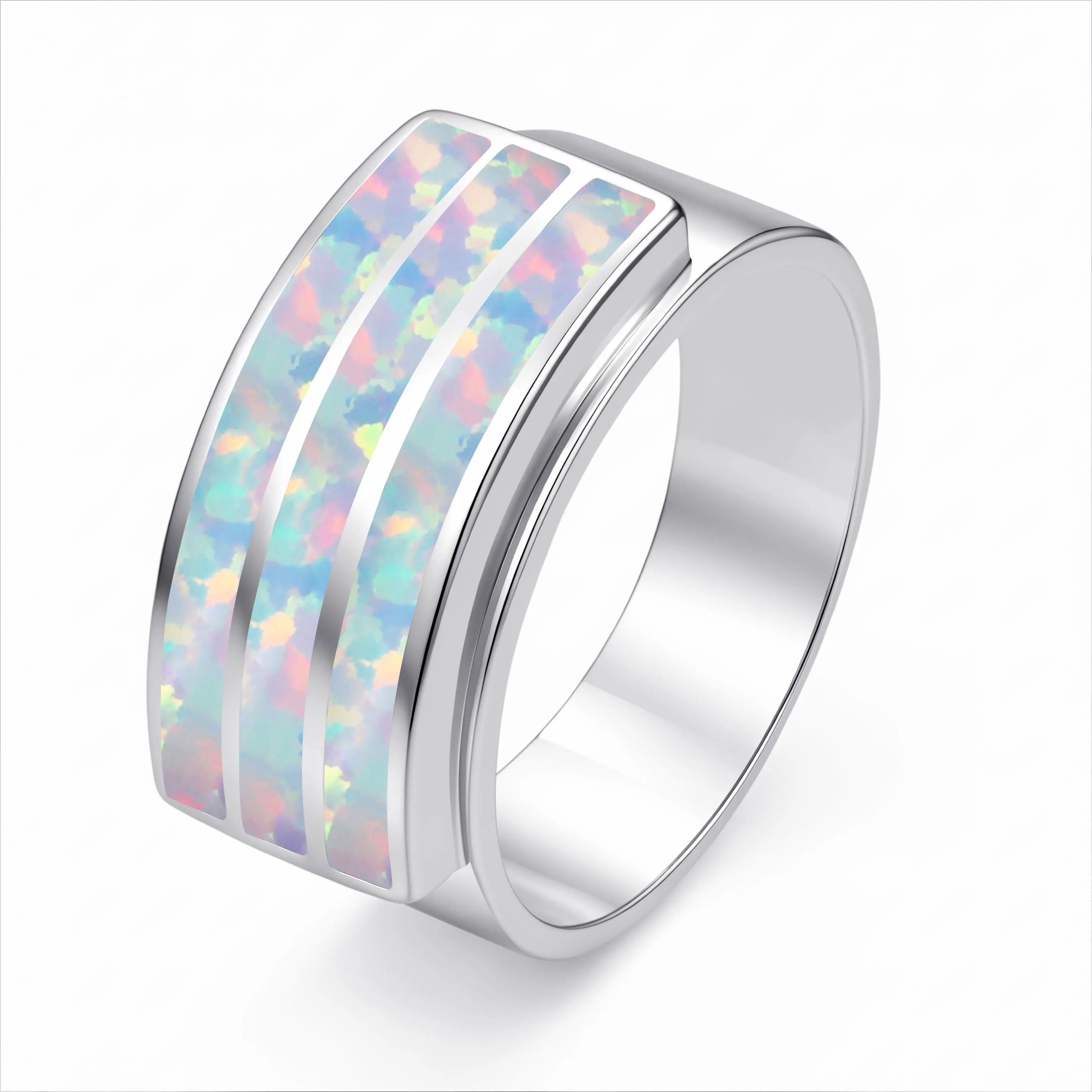 Fashion Unisex Wide Band Opal Ring Three Stripes Curved Statement Classic Finger Jewelry Daily Party Dating  Anniversary Gift
