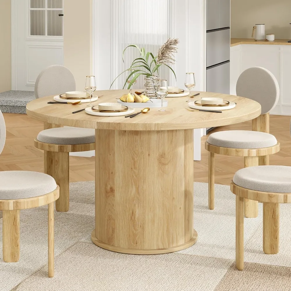 Modern Round Dining Table for 4, Compact Kitchen Table with Wooden Top and Metal Base
