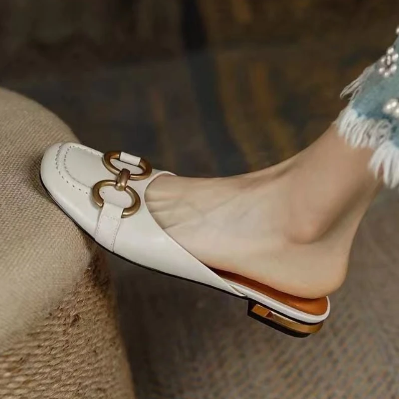 

Fashion Women Sandals Retro Baotou Half Slippers for Women High Quality Metal Buckle Casual Shoes Elegant Women Flat Sandals New