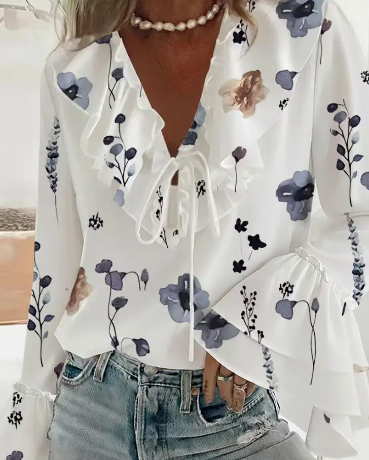 

Women Printed Flared Sleeve Collar with Ruffle Edge Tied Shirt Female Daily Clothing 2026 Vacation Casual Women's Fashion Blouse