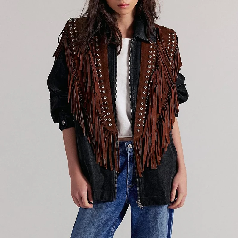 Women's Y2k Vintage Studded Suede Vest Coat 70s Hippie Outfits Sleeveless Open Front Tassel Patchwork Vest Collar