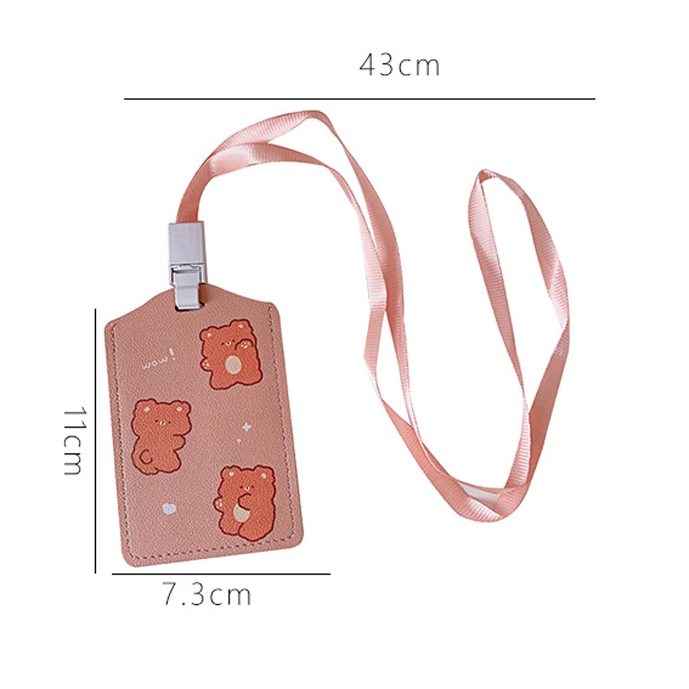 여아용 귀여운 곰 가죽 얇은 은행 카드, 목에 거는 카드홀더 랜야드 카드홀더 버스 카드 커버, 신용 ID 카드