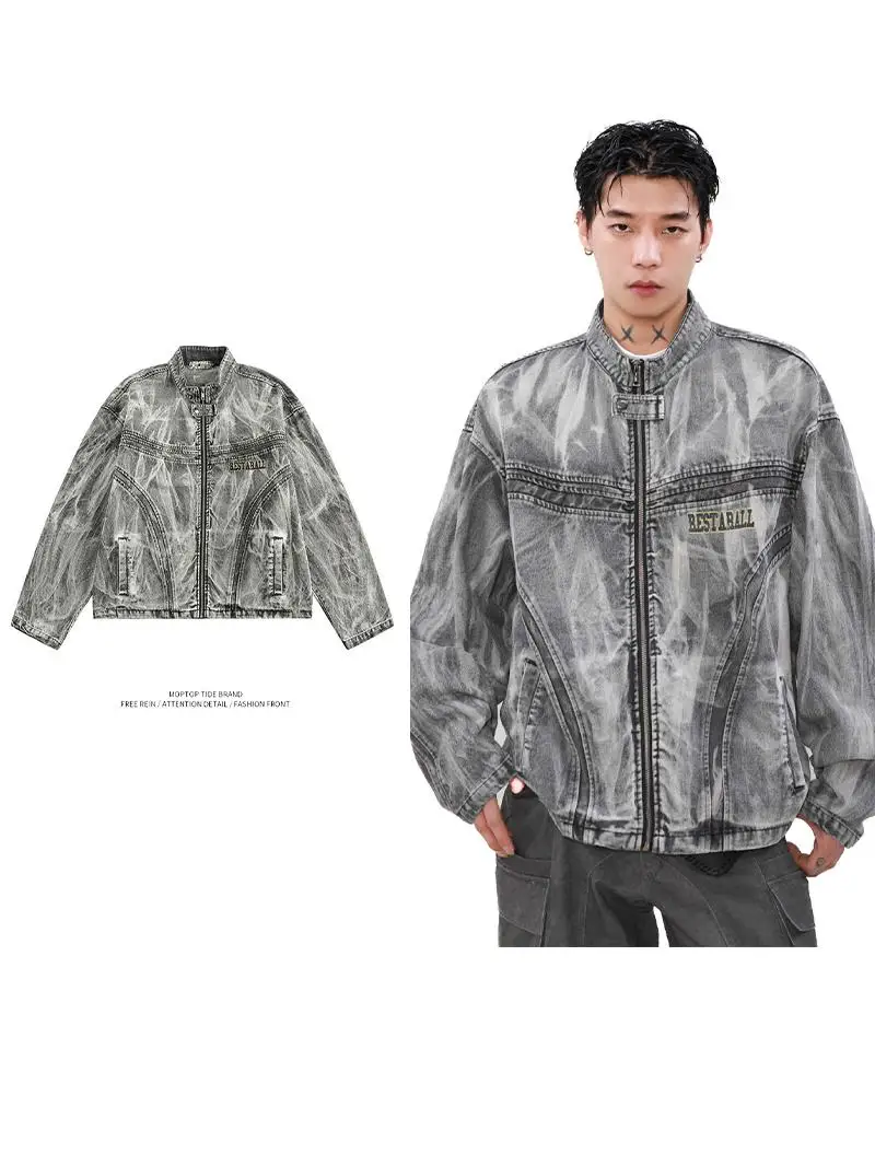 

Мужская джинсовая куртка Mr. WH в американском ретро-стиле с деконструированным пэчворком, воротником-стойкой, молодежная, для уличной моды