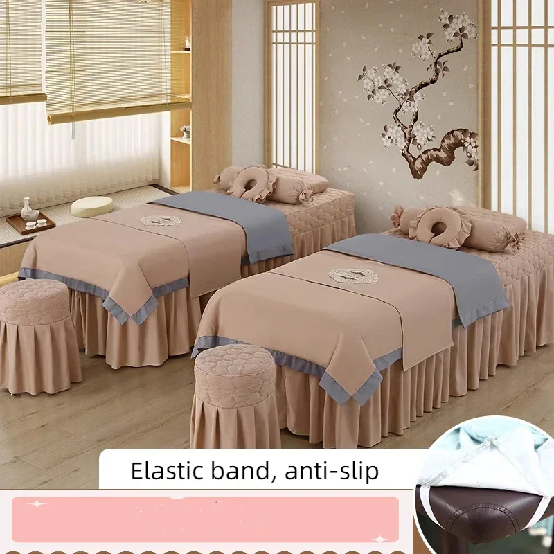 4pcs Beauty Bedding Sets Salon Massage Tuina Spa Use Patchwork Duvet Cover Bed Skirt with Hole Beddings