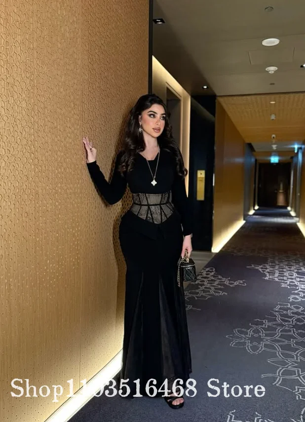

Black Simple Evening Dress Round Neck Long Sleeve Fishtail Style Personality Belt Ball Gown Customised