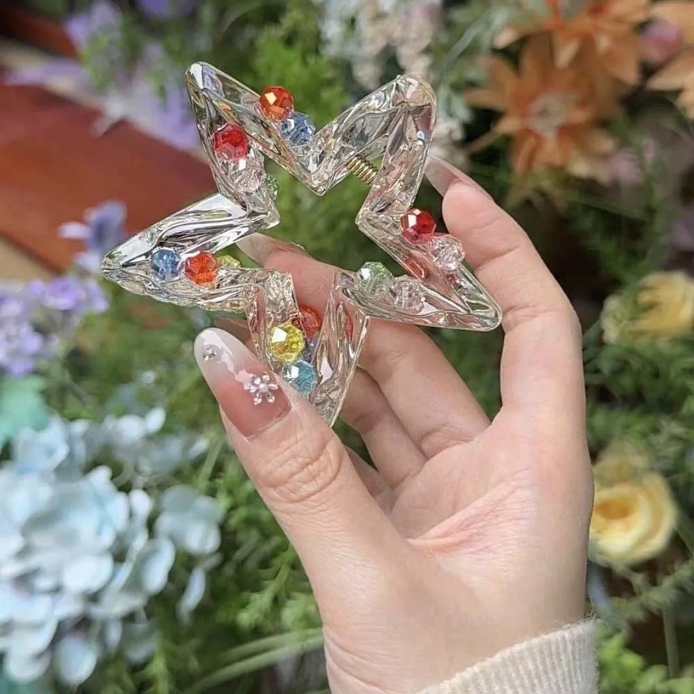 Clear Acrylic Star Hair Claw Dopamine Style Bright Rhinestone Y2K Shark Clip Sweet Pastel Hollow Design Shark Hair Clip