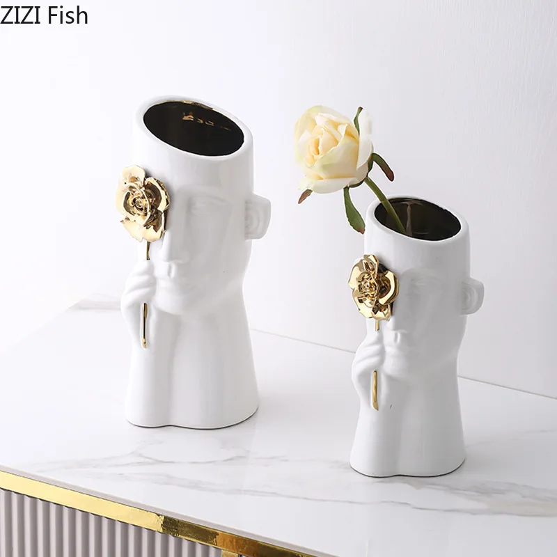 Gold-plated Relief Rose Ceramic Vase Character Flower Pot Desk Decoration Flower Arrangement Floral Vases Room Aesthetic Decor