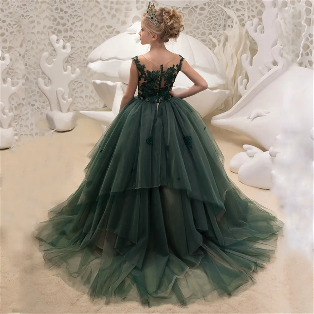 

Elegant Green Tulle Puffy Applique Sleeveless Flower Girl Dress For Wedding Child First Eucharistic Birthday Party Dress Custom