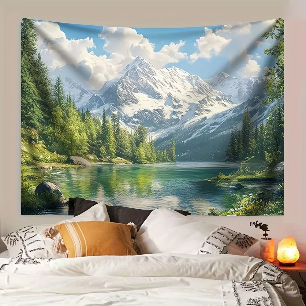 Large Mountain Landscape Tapestry Wall Hanging for Living Room Home Decor Forest Alpine Scenic Print 180x280cm