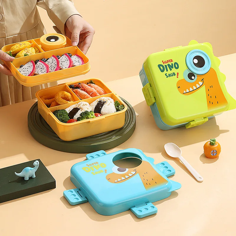 Double Layer Portable Lunch Box For Kids With Sauce Box And Spoon Microwave Bento Boxes Dinnerware Set Food Storage Containe