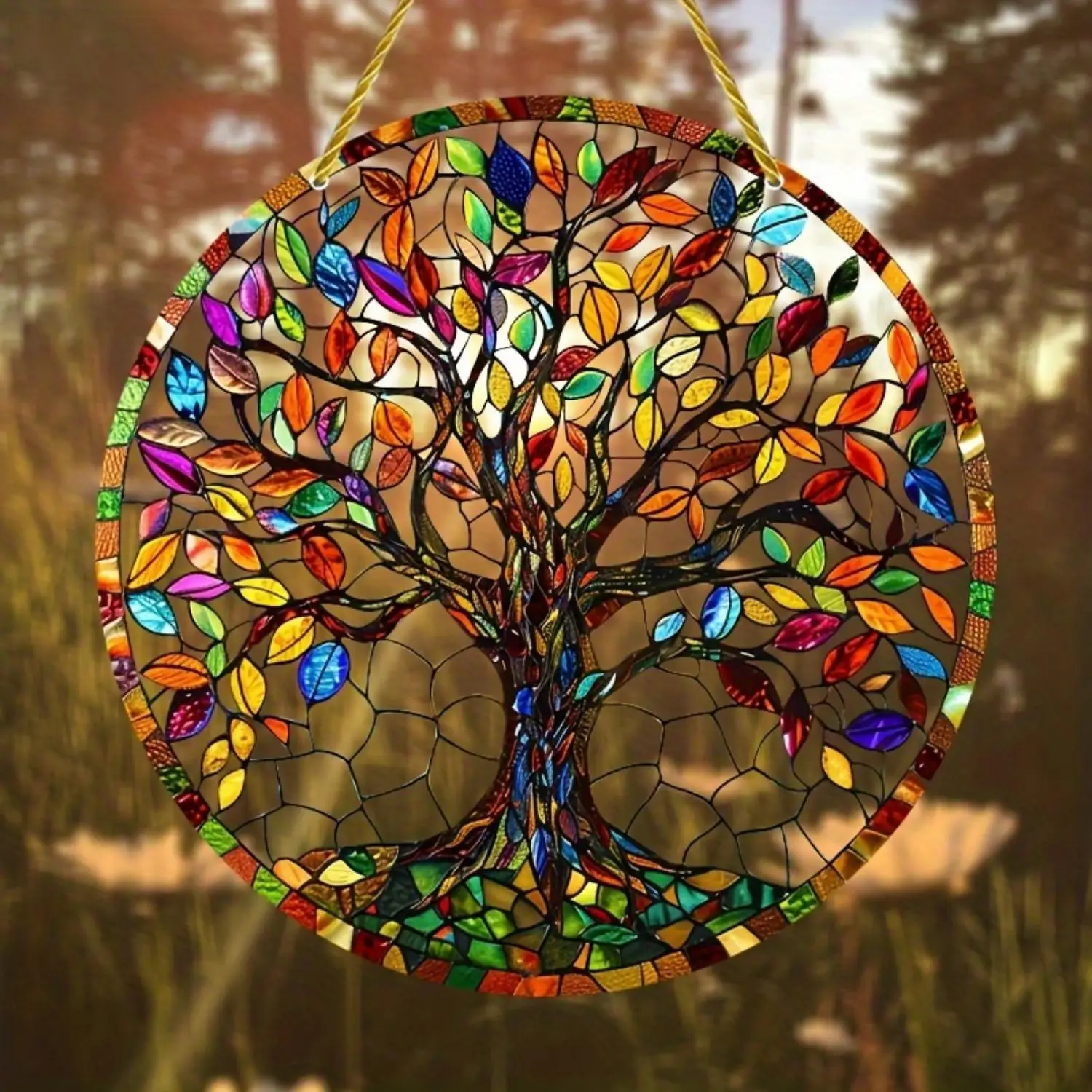 Tree of Life Sun Catcher, Colorful Glass-Look Yard Sign, Round Wreath Sign (14.99cm x 14.99cm), All-Season Exquisite Gift