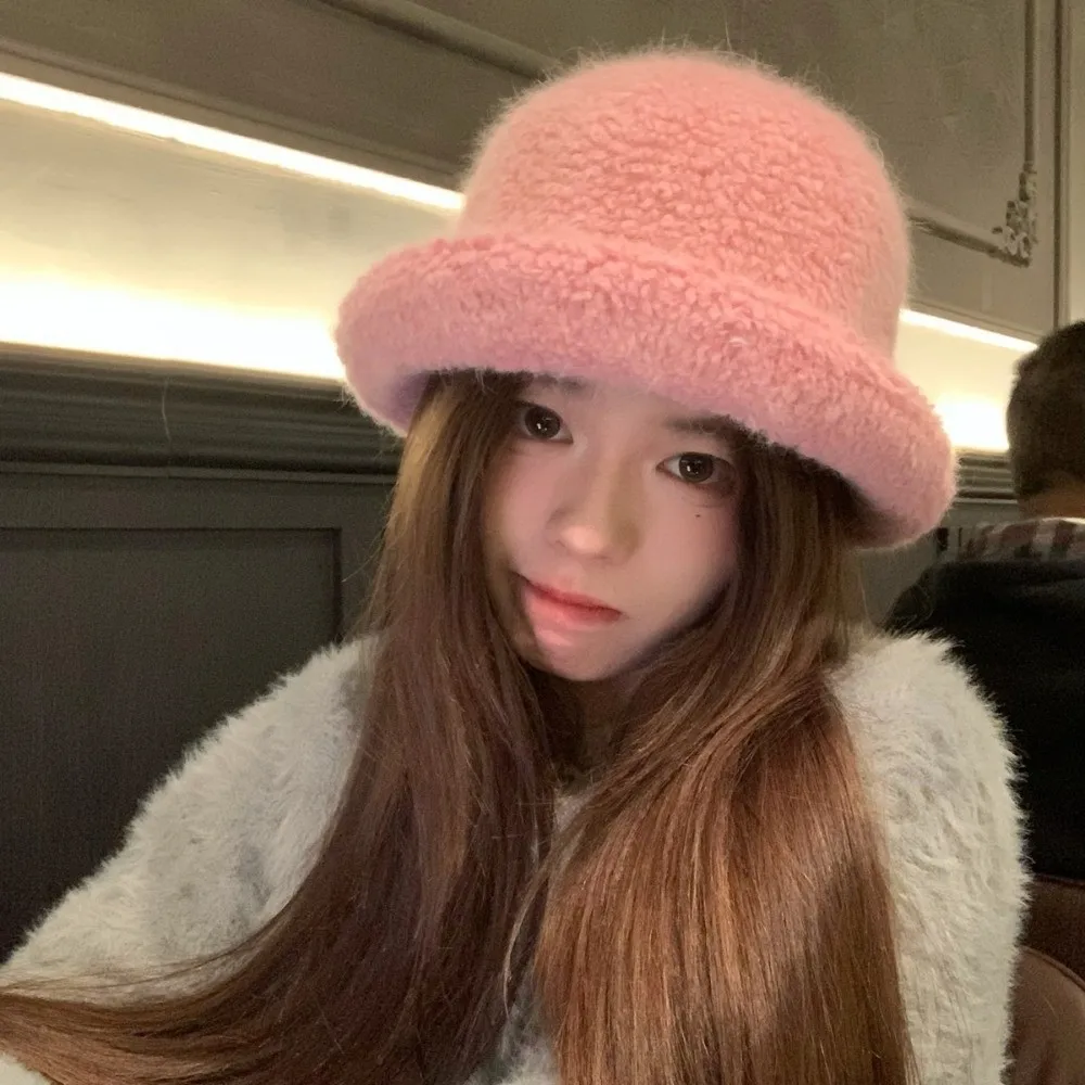 Rabbit Fur Blend Warm Winter Bucket Hat Polyester Face Slimming Fuzzy Fisherman Hat 54cm To 59cm Head Circumference