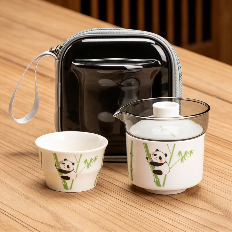 Original Panda Playing Bamboo White Jade Porcelain Tea Set Portable Gift Boxes Outdoor Camping Travel Must Have Home Tea Teacup