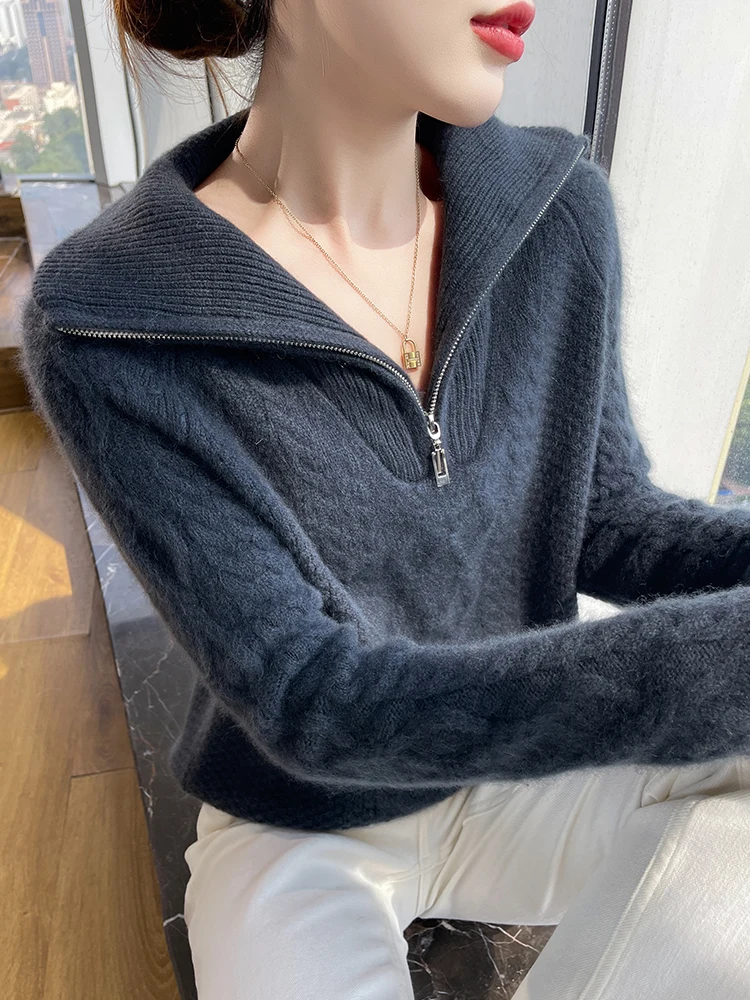 

Women's Cashmere Sweater Thick Warm Cable Knitted Pullover Autumn Winter 100% Merino Wool Knitwear Zipper Turn Down Collar Tops