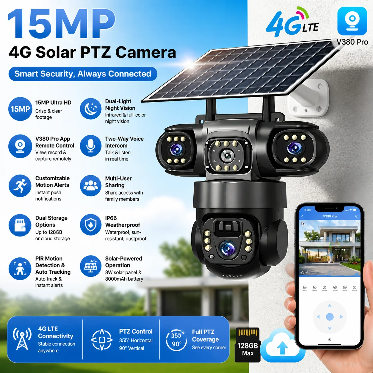 V380  Outdoor Security Camera With 4G SIM15MP Triple Lens 10X Zoom  3 Lens 8K Auto Tracking Human Detection Solar Powered CCTV