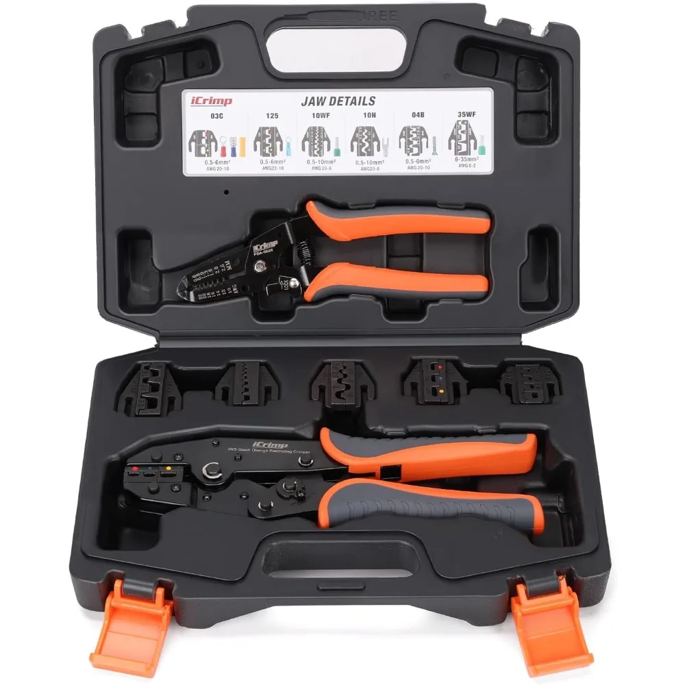 

Ratcheting Crimping Tool Set with Quick Exchange Jaw for Heat Shrink, Open Barrel, Insulated Ferrules AWG 20-2