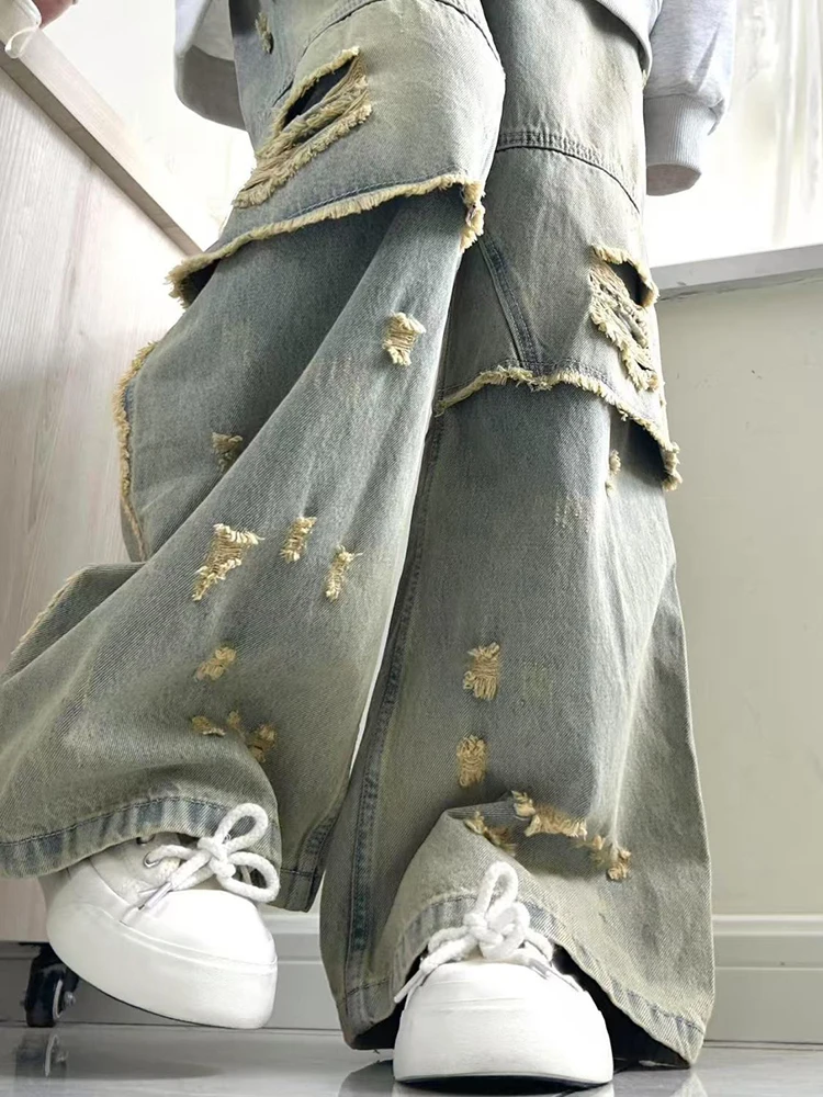 

American style retro fringed patchwork ripped jeans women's street fashion loose and casual straight leg wide leg pants